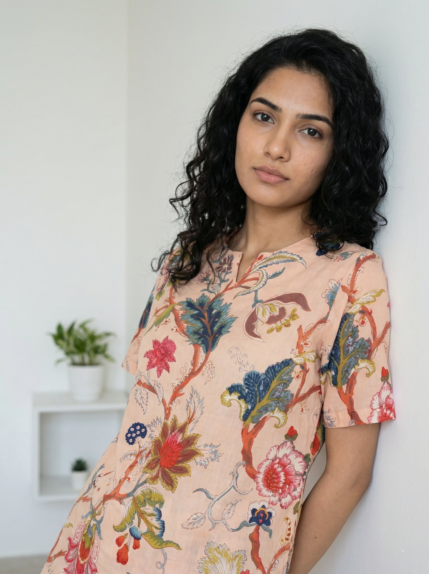 Beige Floral Print Round Neck Cotton Night Suit Set For Women