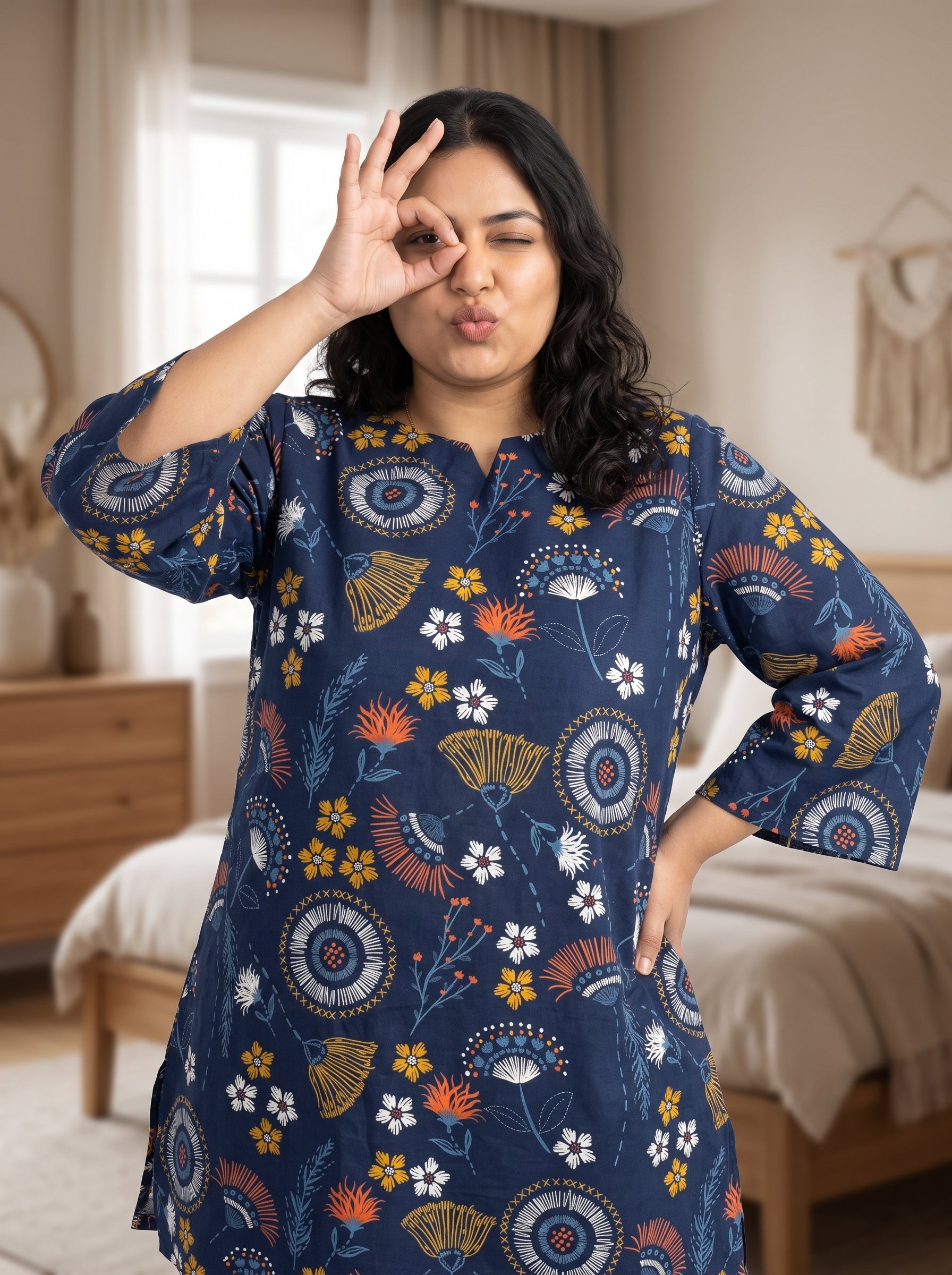 Navy Blue Floral Notch Neck Cotton Plus Size Night Suit For Women
