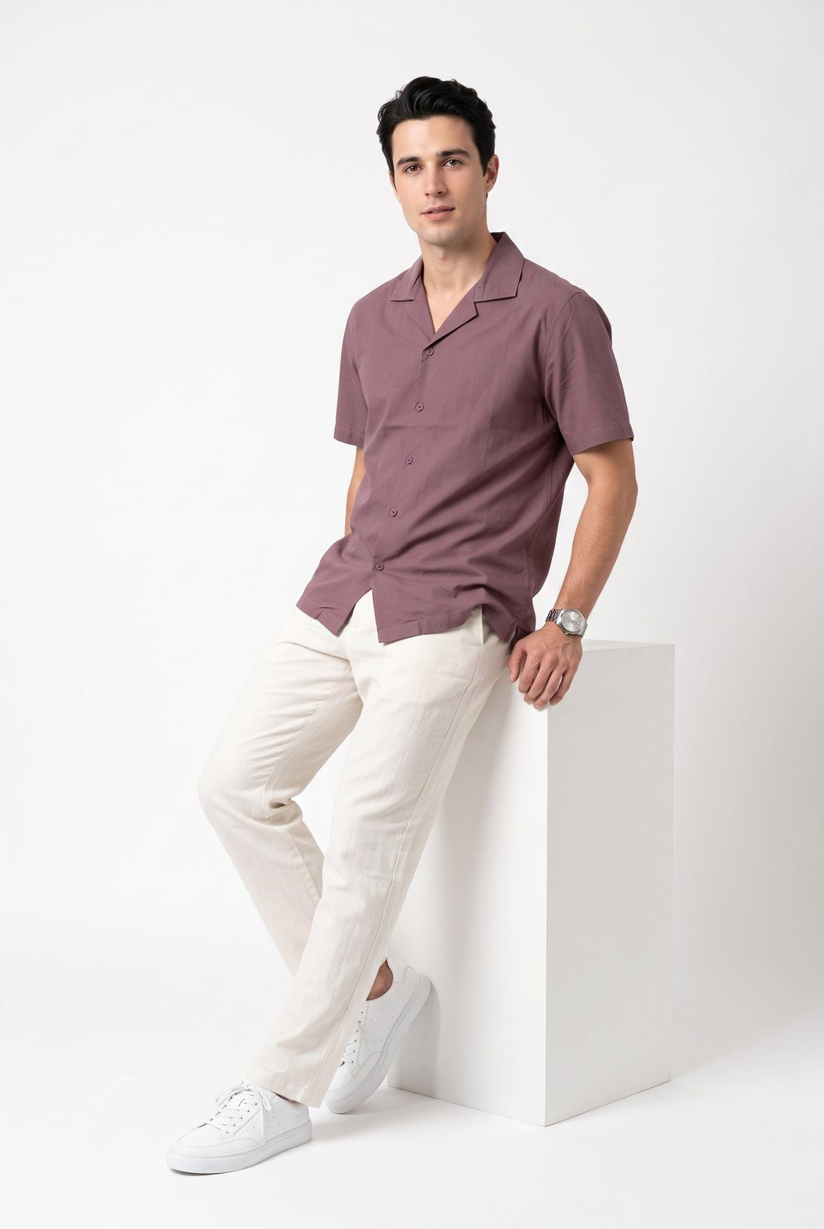 Mauve Solid Cuban Collar Casual Short Sleeve Cotton Shirt For Men
