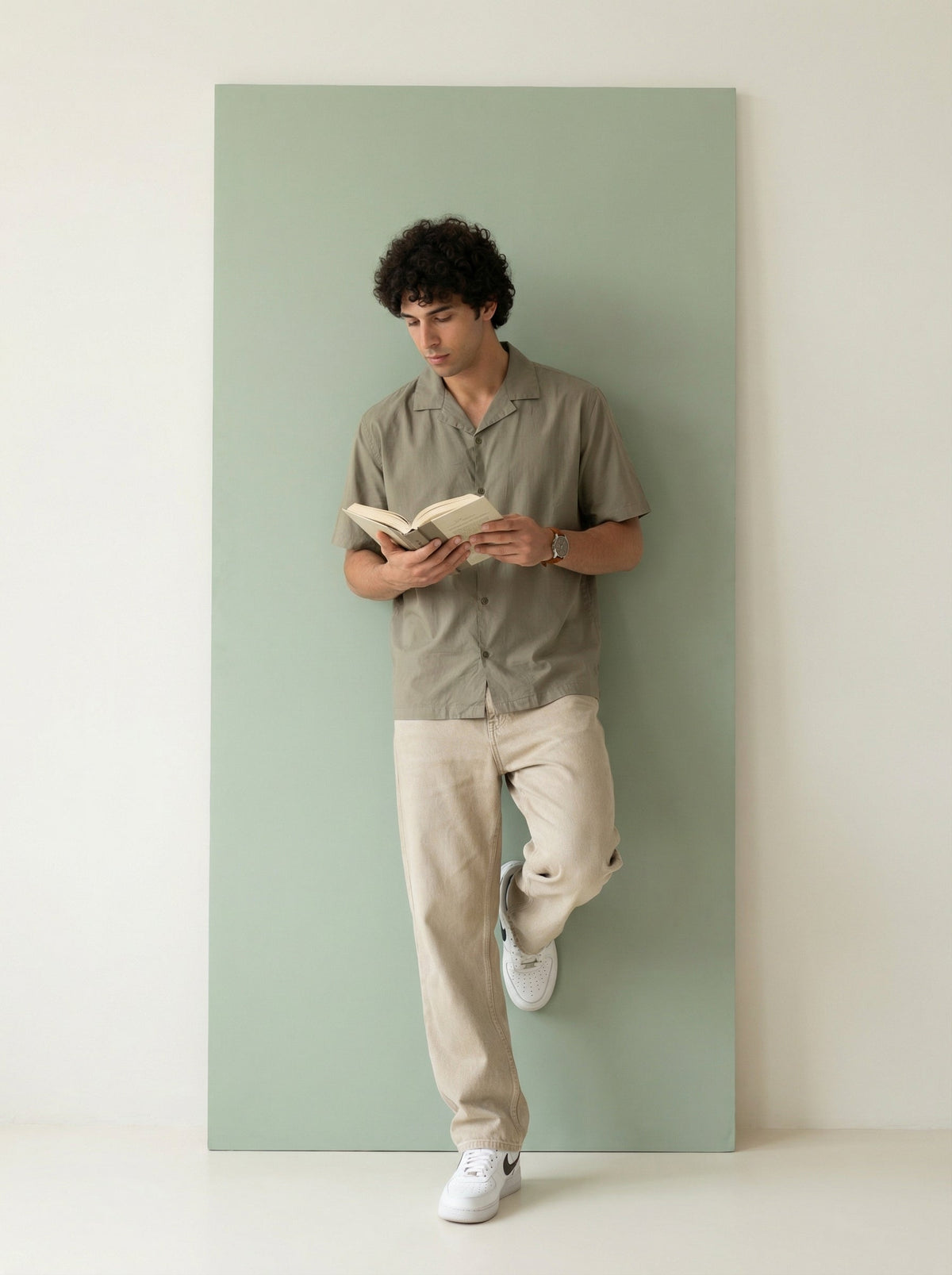 Olive Cuban Collar Solid Pure Cotton Oversized Shirt For Men