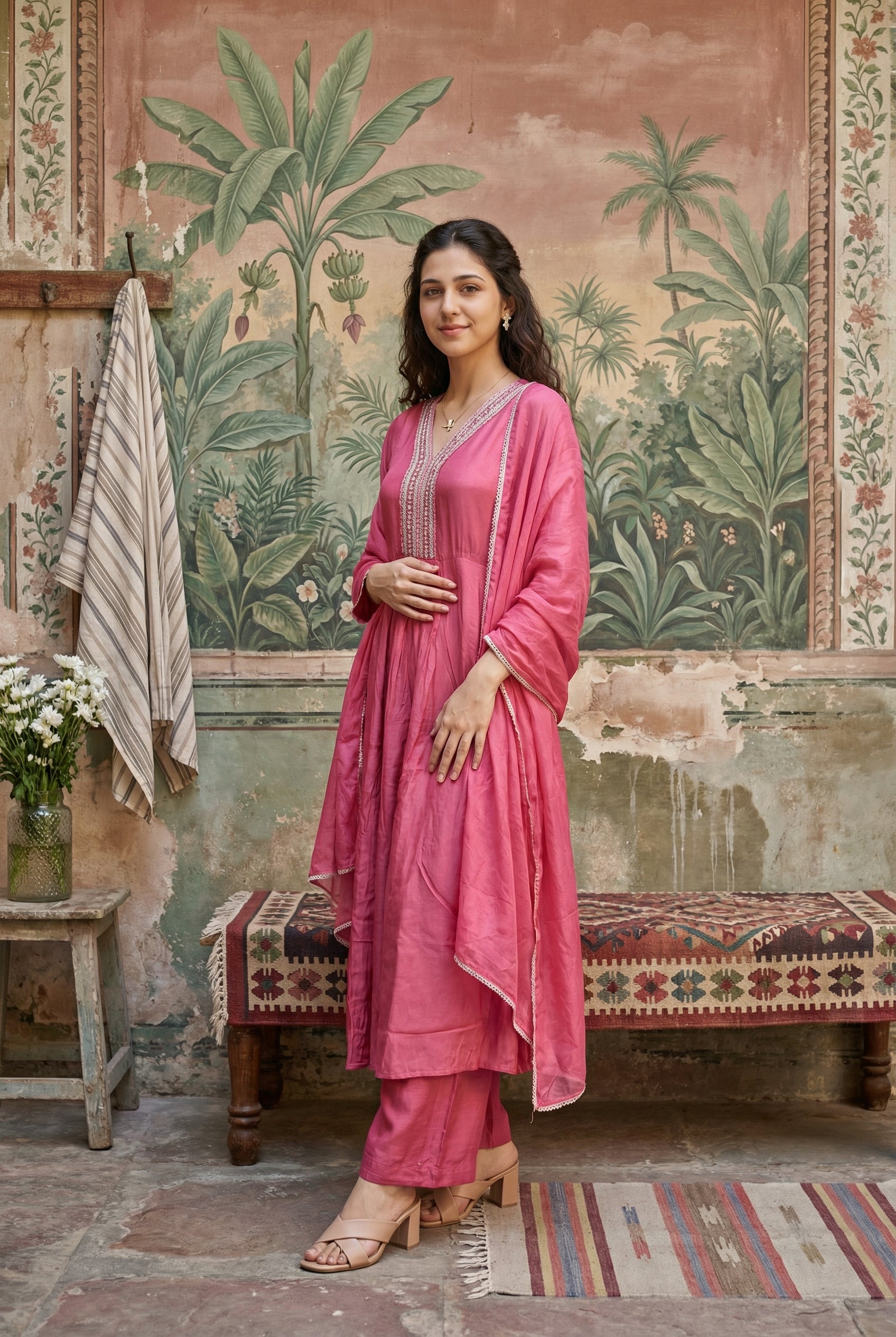 Pink V-Neck Solid Art Silk Kurta Set With Dupatta For Women