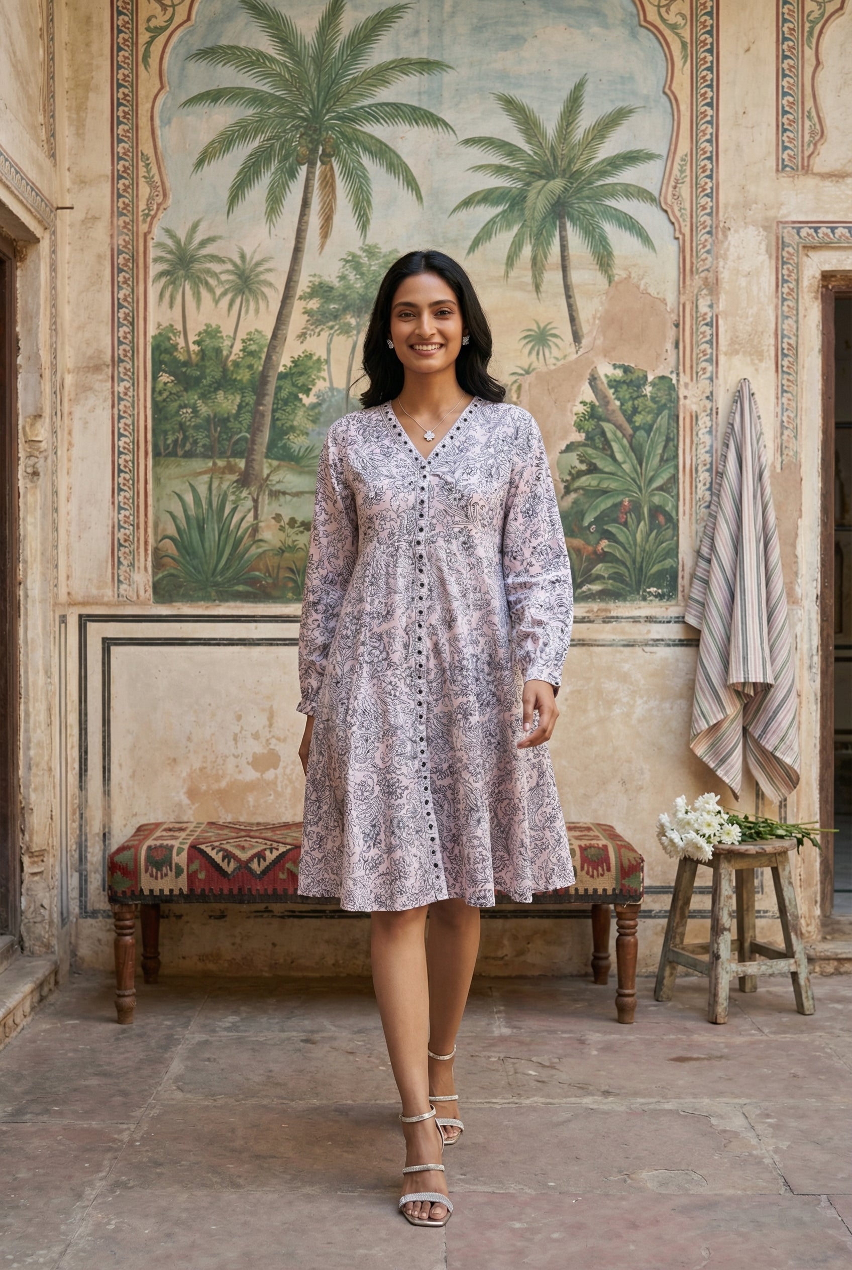 ethnic cotton dress for women Pink / S Pink Motif Print V-Neck Pure resort wear Color:TURKISH TILE MARAYA Modest Black Maxi satin wedding gown