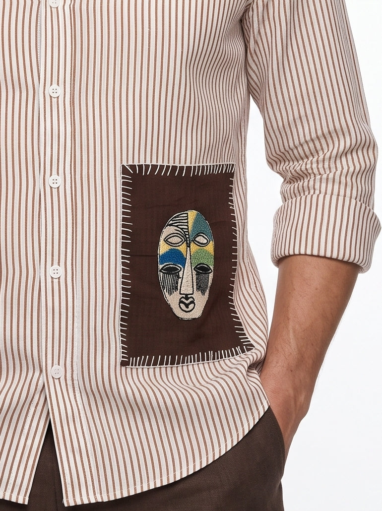White Embroidred Striped Print Cotton Band Collar Shirt For Men