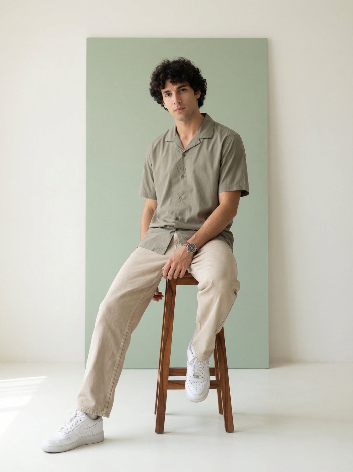 Olive Cuban Collar Solid Pure Cotton Oversized Shirt For Men