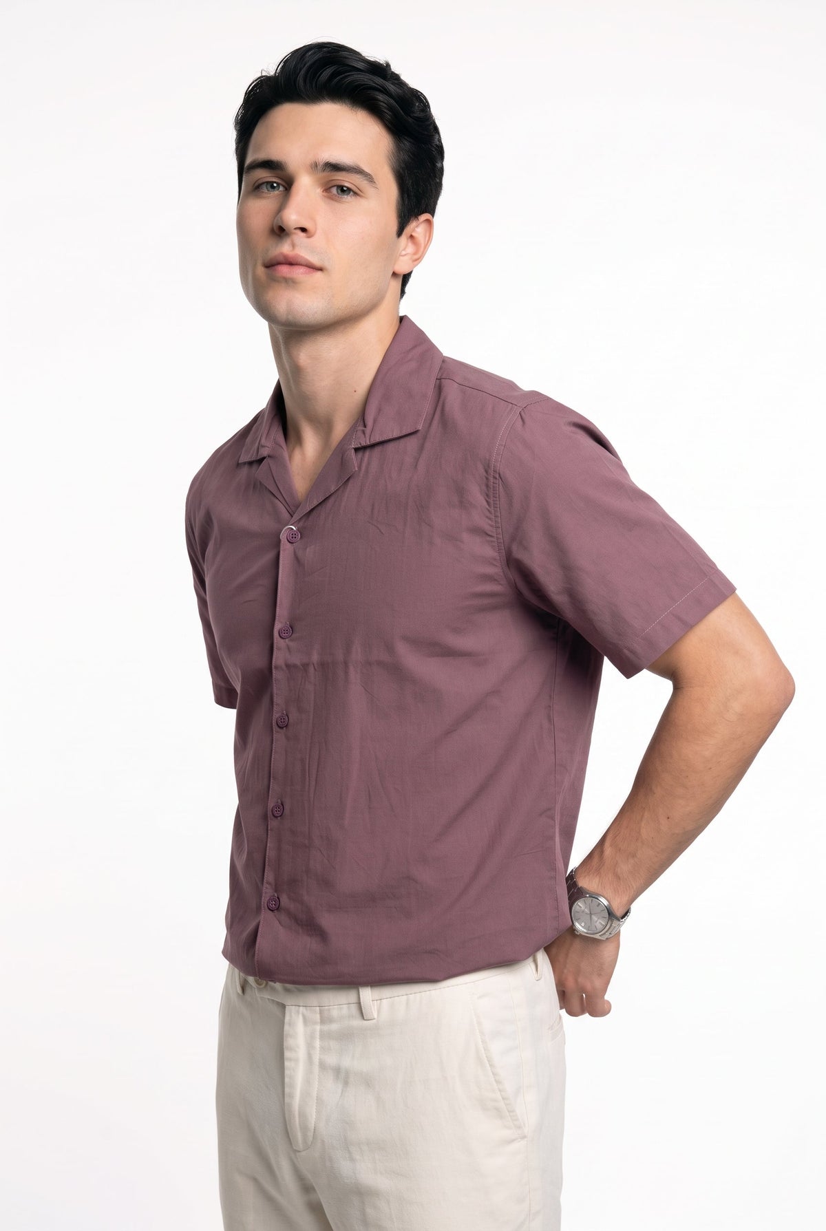 Mauve Solid Cuban Collar Casual Short Sleeve Cotton Shirt For Men