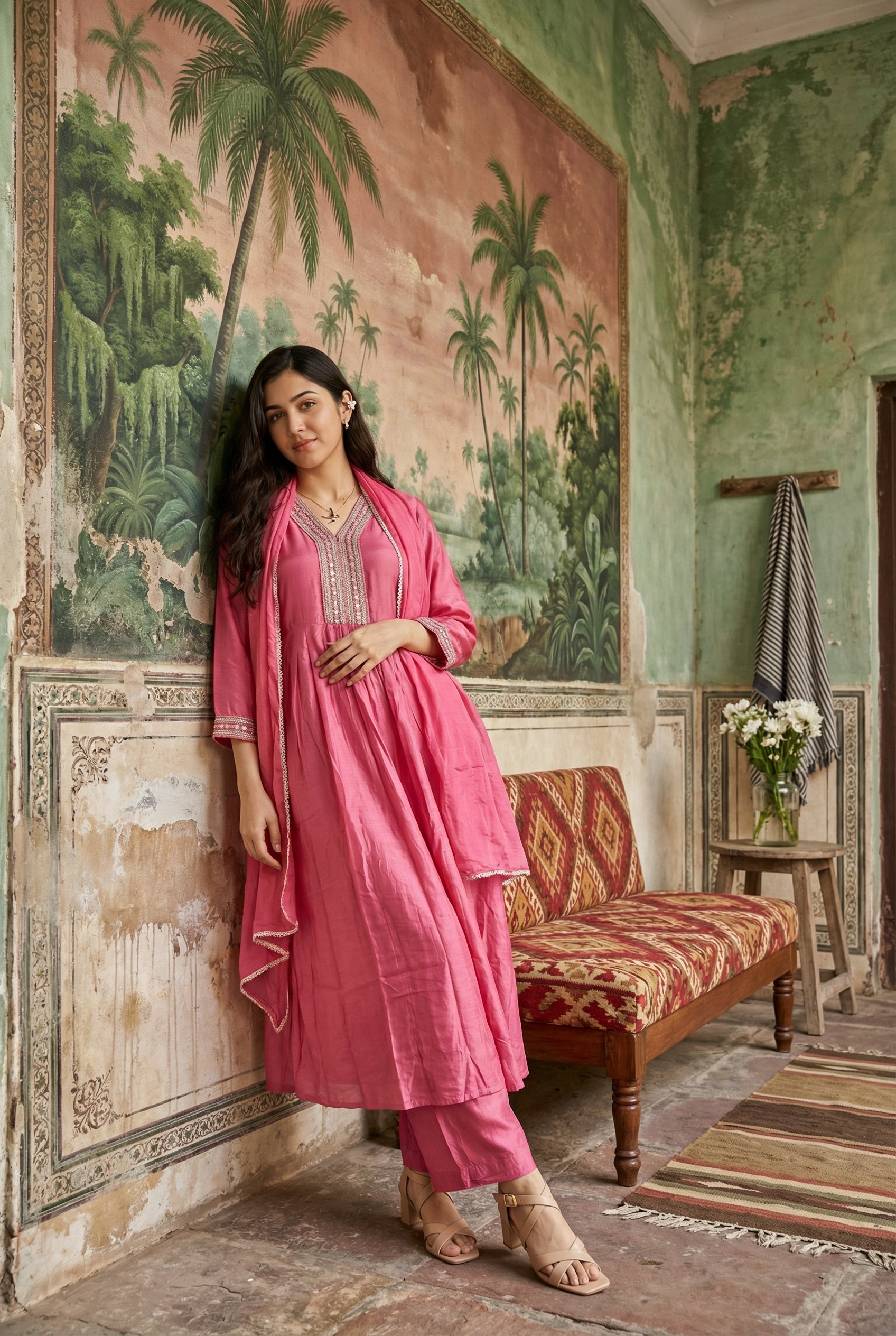 Pink V-Neck Solid Art Silk Kurta Set With Dupatta For Women