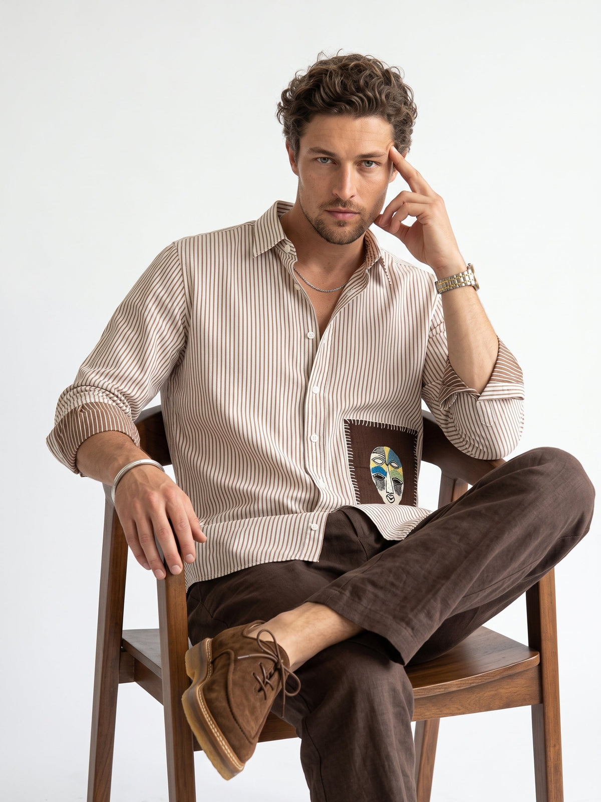 White Embroidred Striped Print Cotton Band Collar Shirt For Men