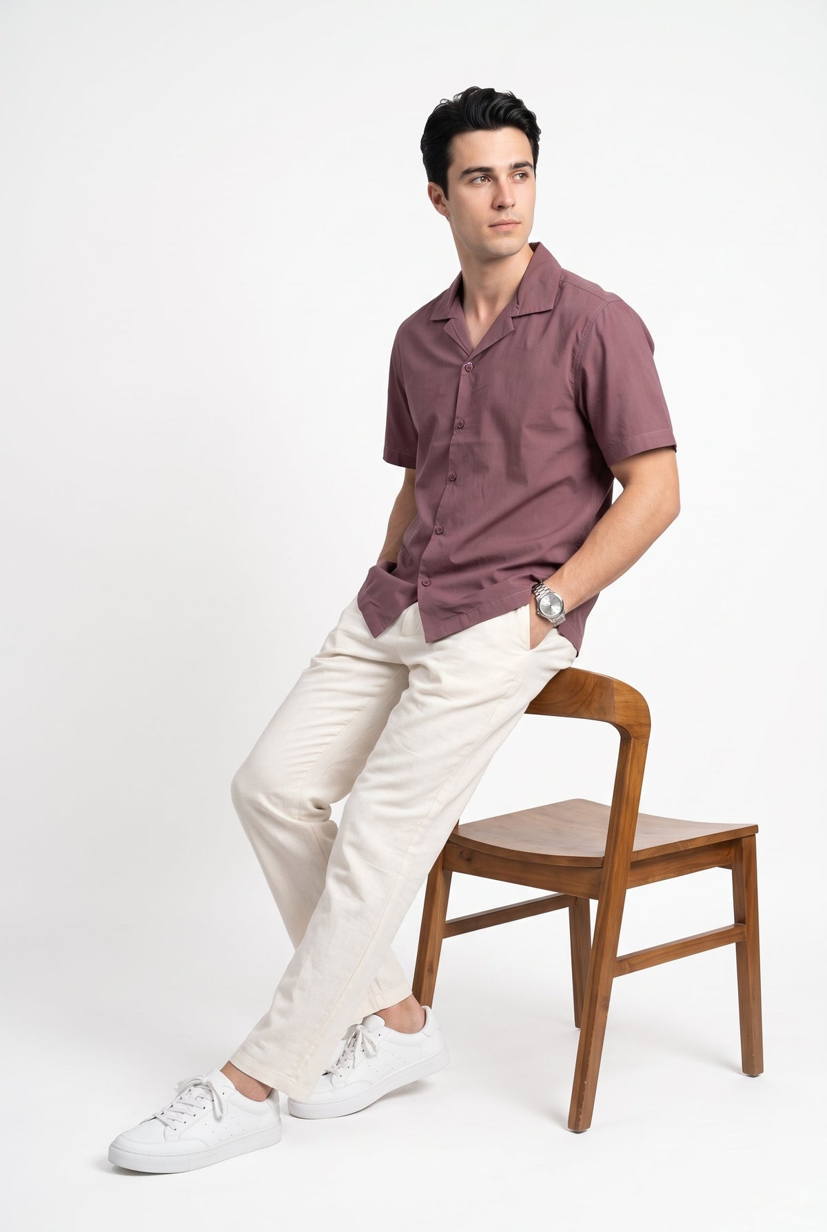 Mauve Solid Cuban Collar Casual Short Sleeve Cotton Shirt For Men