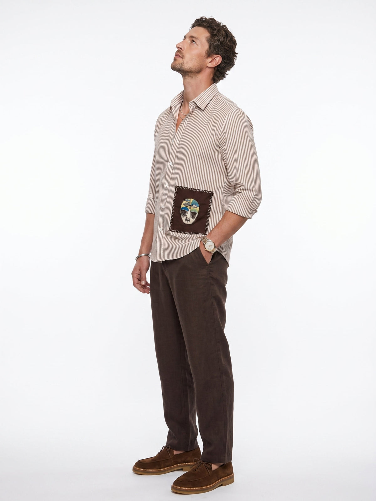 White Embroidred Striped Print Cotton Band Collar Shirt For Men