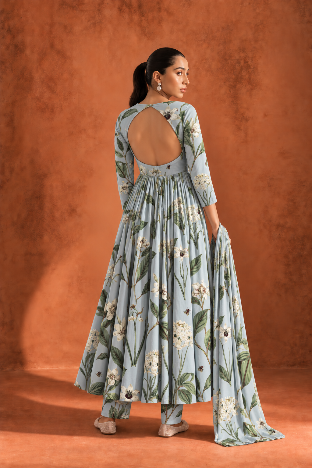 Blue Round Neck Anarkali Floral Print Kurta Set With Dupatta For Women