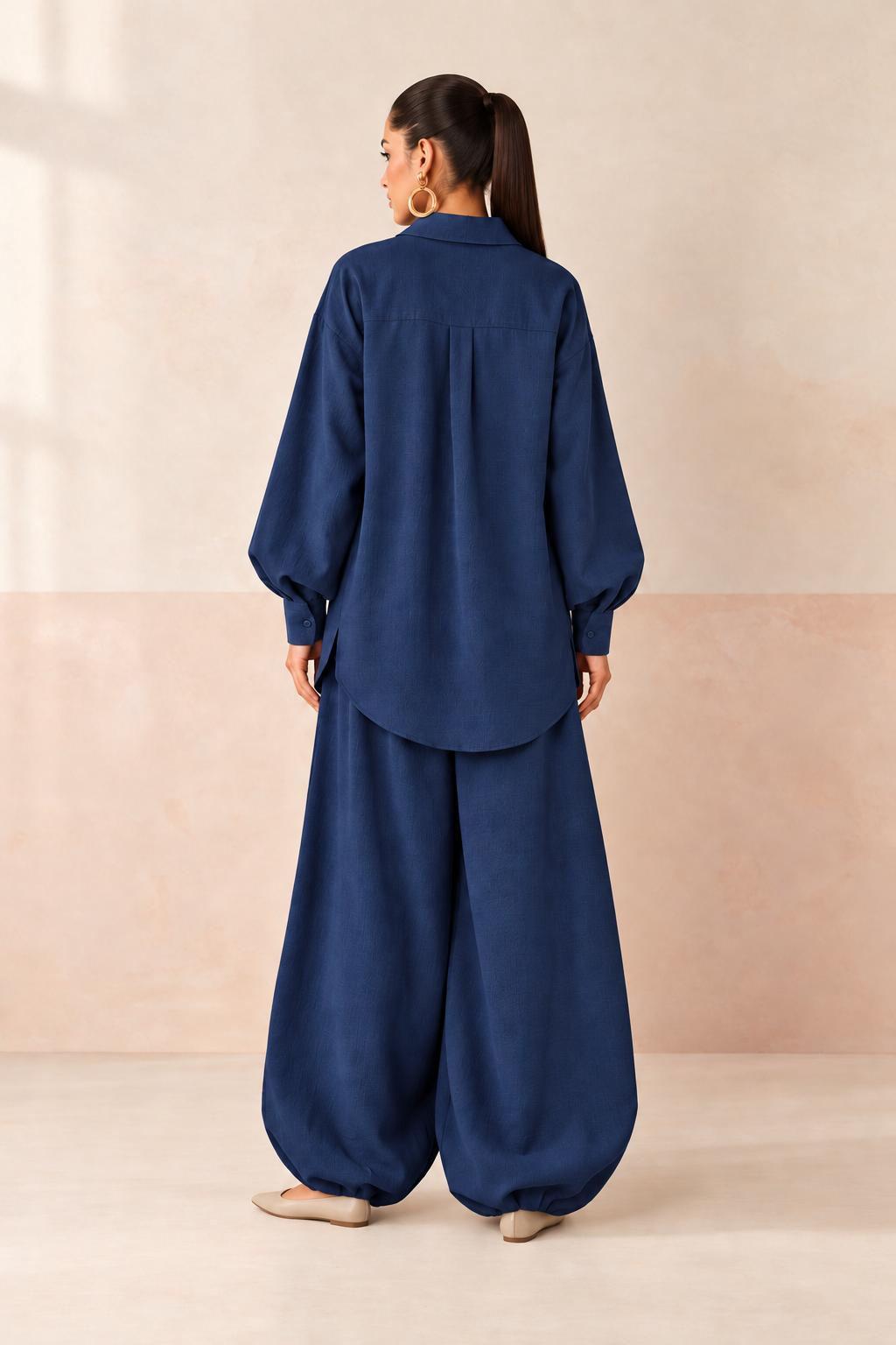 Navy Blue Shirt Collar Long Sleeve Balloon Style Co-Ord Set For Women