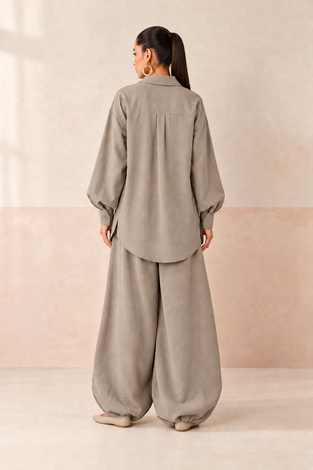 Grey Shirt Collar Long Sleeve Balloon Style Co-Ord Set For Women