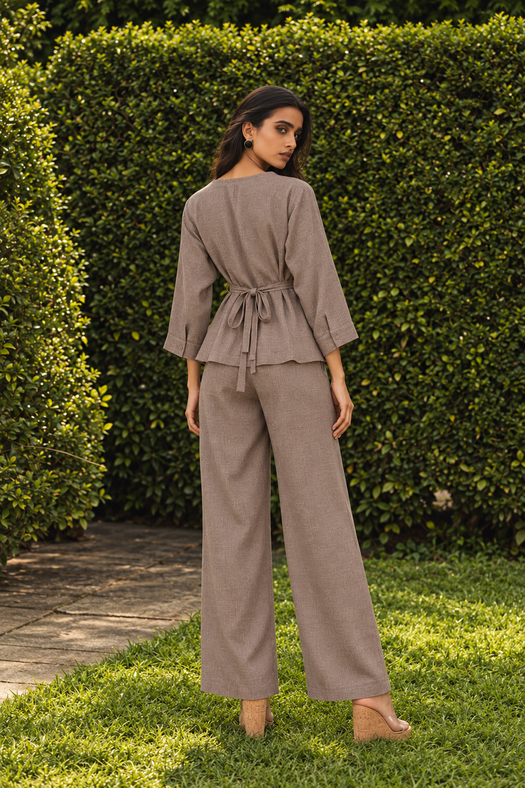 Grey V-Neck Three-Quarter Sleeve Peplum Co-Ord Set For Women