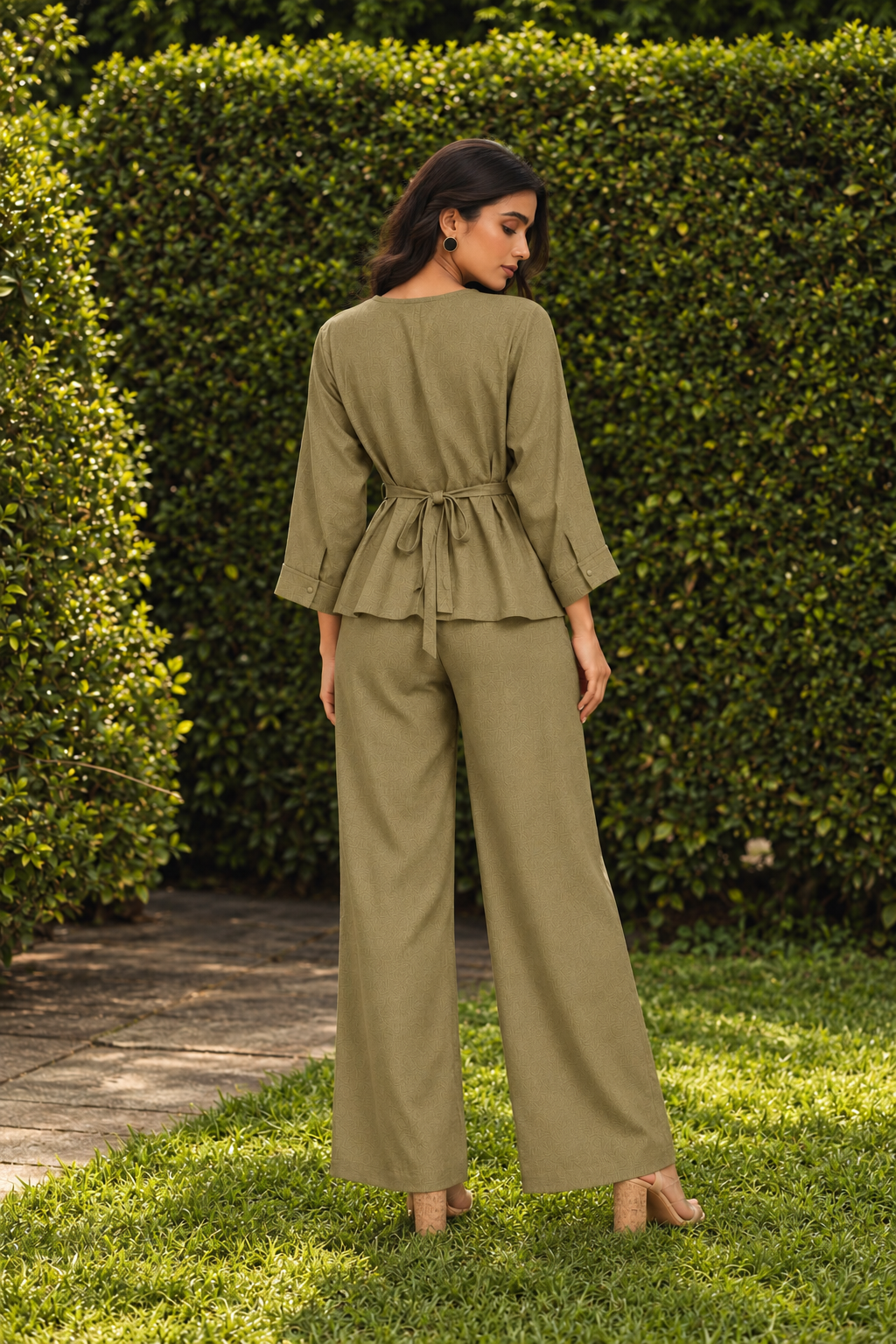 Olive Green V-Neck Peplum Top and Trousers Smart Casual Co-ord Set For Women