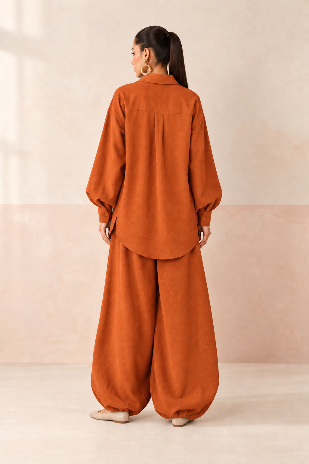Rust Orange Shirt Collar Long Sleeve Balloon Style Co-ord Set For Women