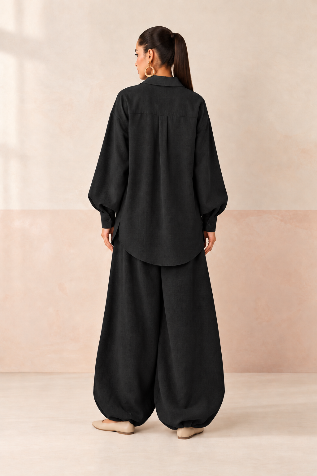 Black Shirt Collar Long Sleeve Balloon Style Co-Ord Set For Women