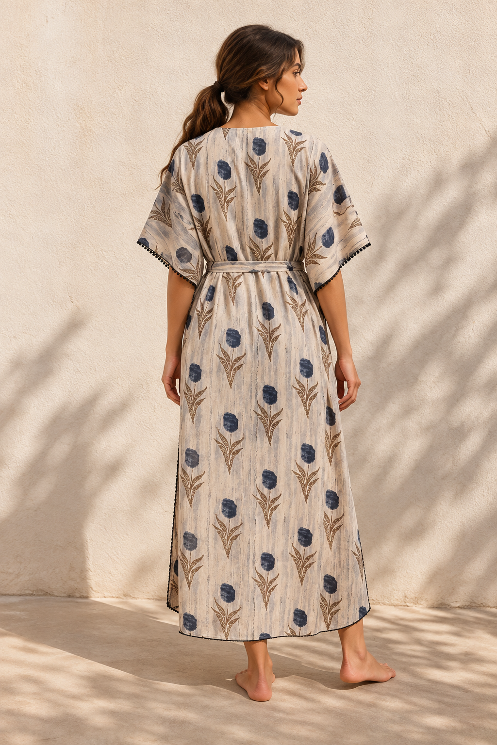Grey Floral V-Neck Pure Cotton Kaftan Nighty For Women
