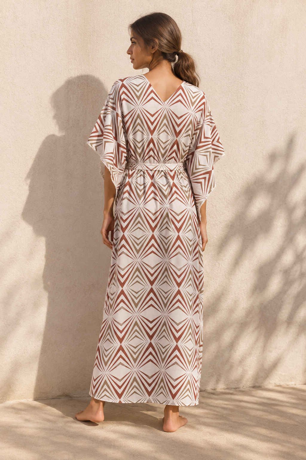 Brown Geometric Pure Cotton V-Neck Half Sleeve Maxi Kaftan Nighty For Women