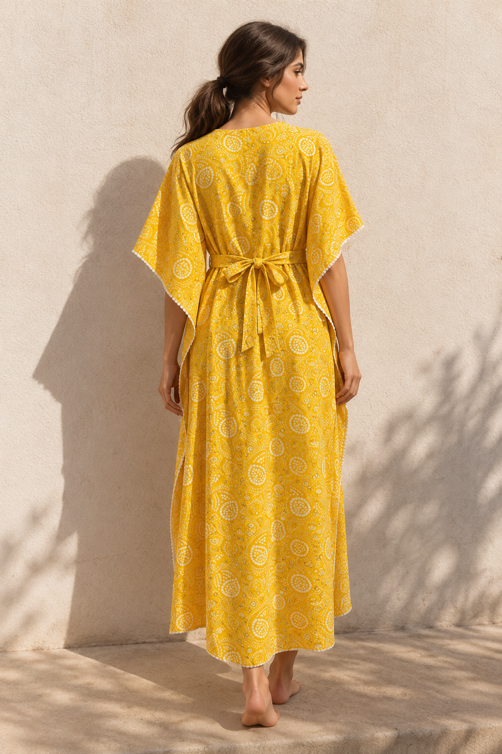Yellow Ethnic Print Pure Cotton V-Neck Maxi Kaftan Nighty For Women