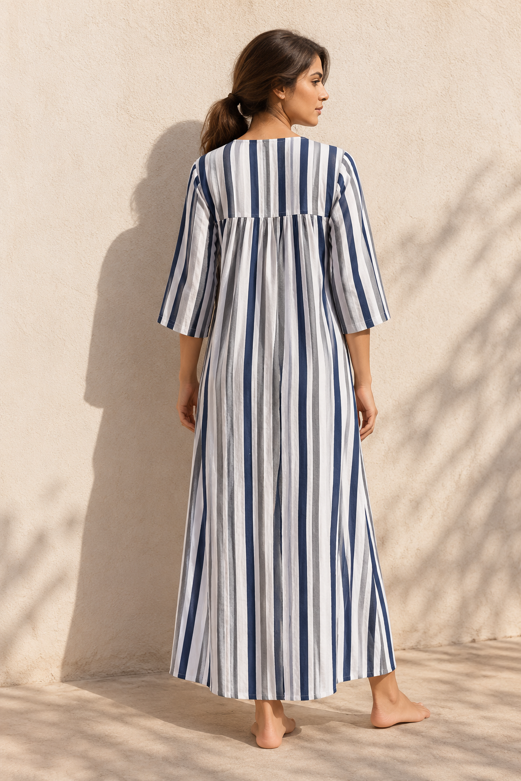 Blue Striped Pure Cotton Round Neck Maxi Nighty For Women