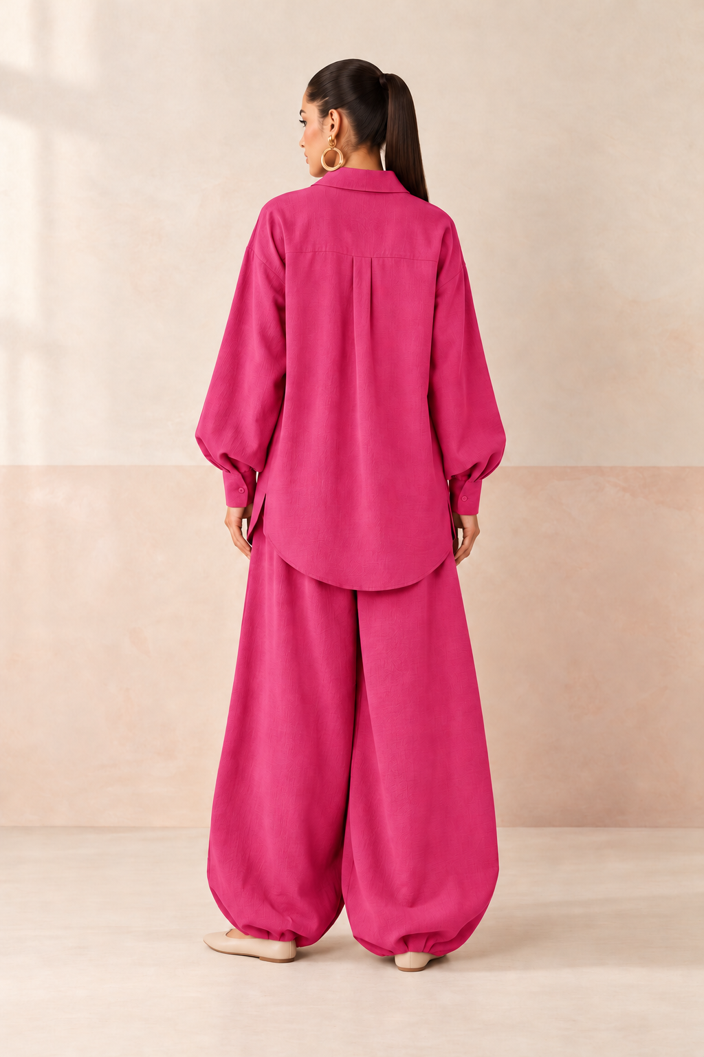 Magenta Pink Shirt Collar Long Sleeve Balloon Style Co-ord Set For Women