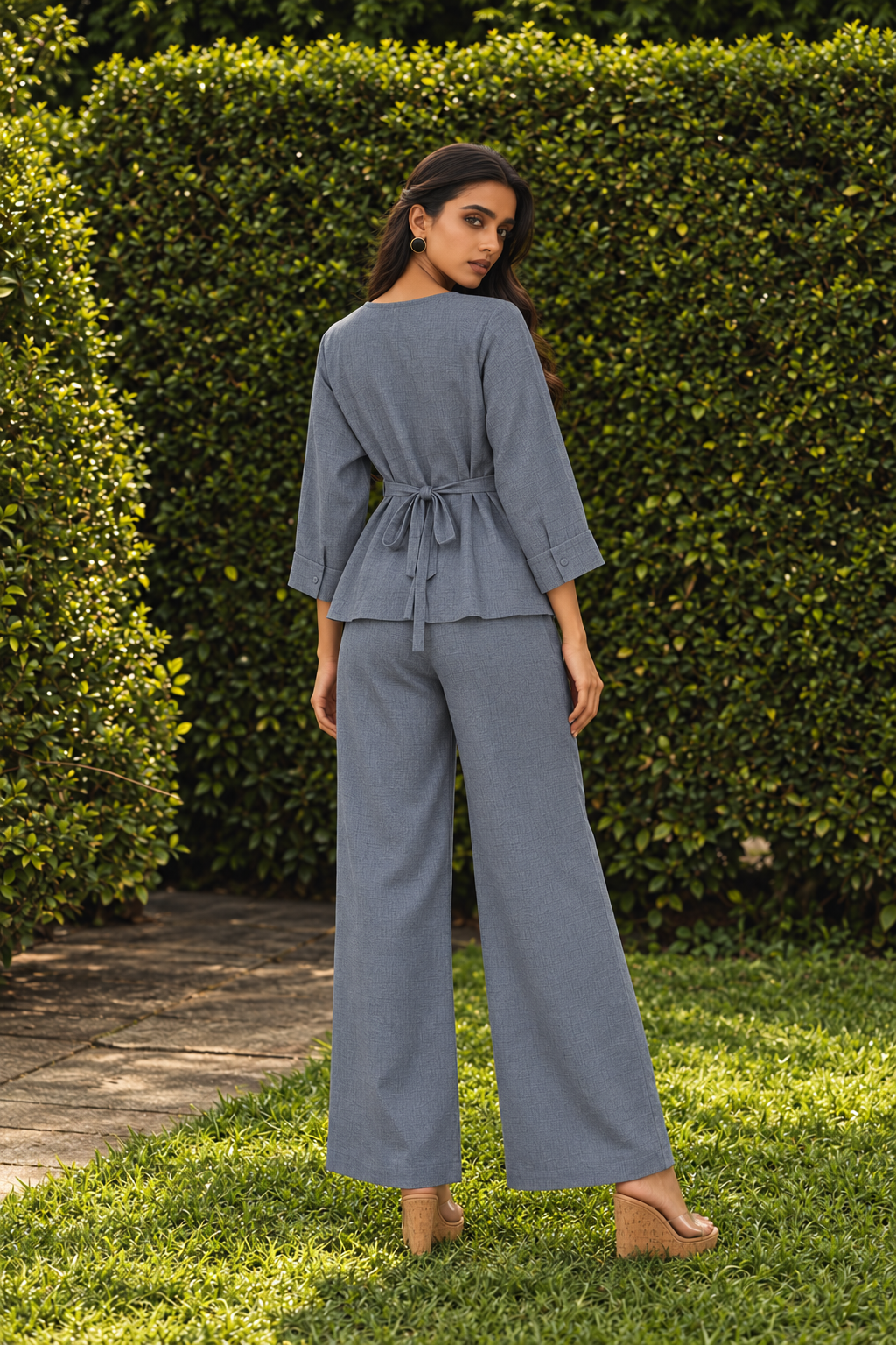 Dusty Blue V-Neck Peplum Top and Trousers Smart Casual Co-ord Set For Women