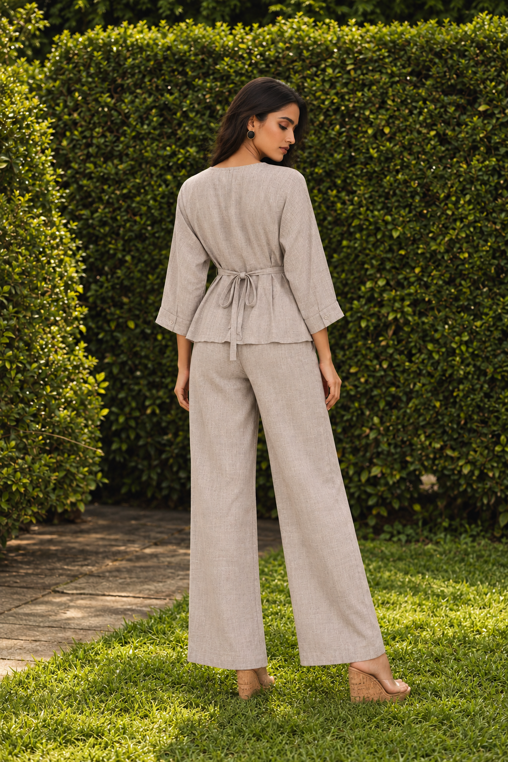 Beige V-Neck Three-Quarter Sleeve Peplum Co-ord Set For Women