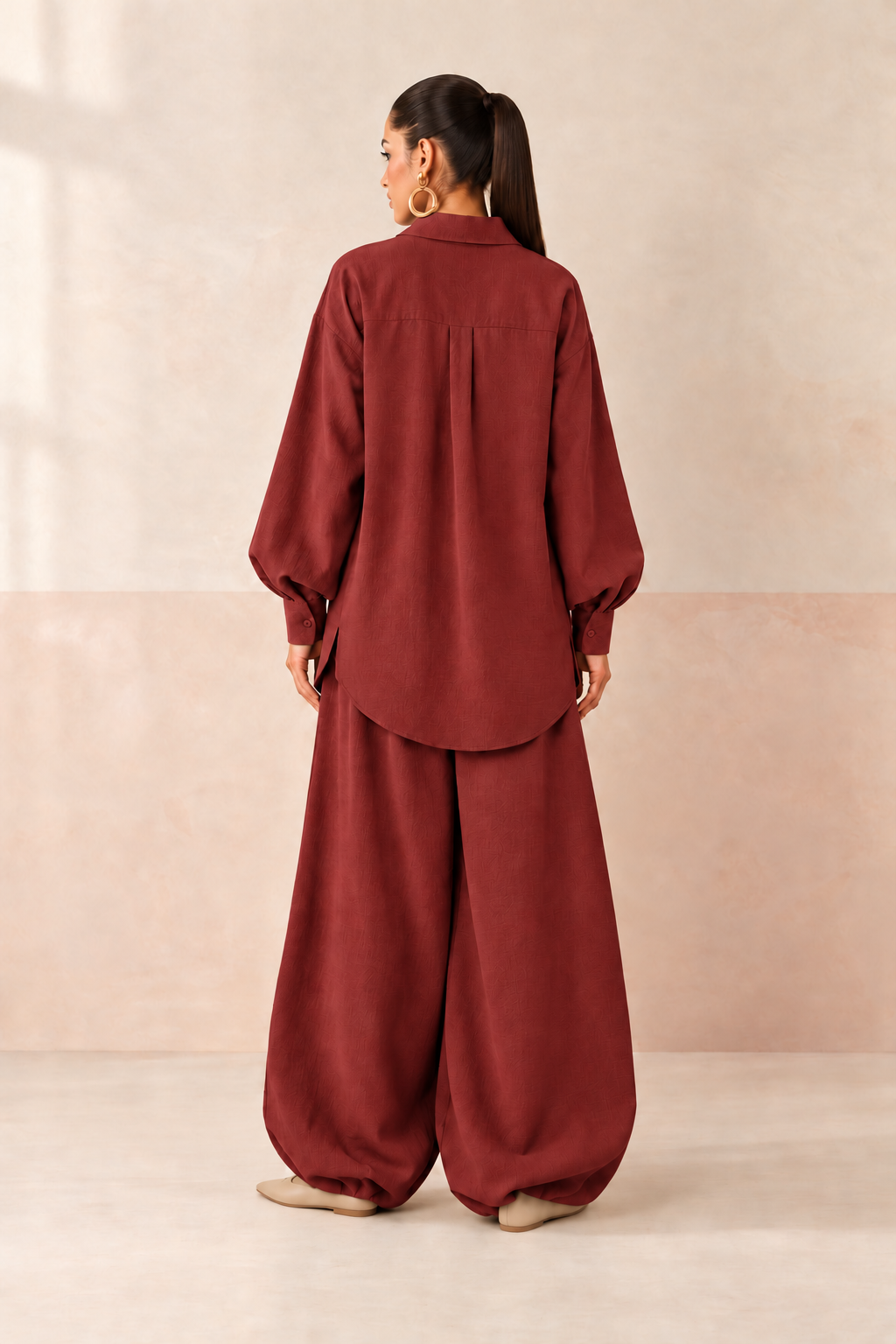 Maroon Shirt Collar Long Sleeve Balloon Style Co-ord Set For Women