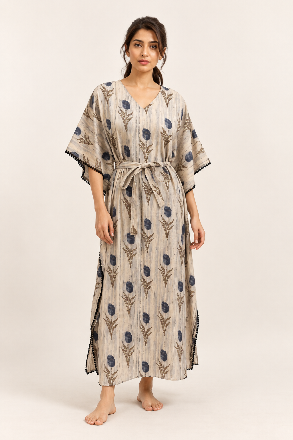 Grey Floral V-Neck Pure Cotton Kaftan Nighty For Women