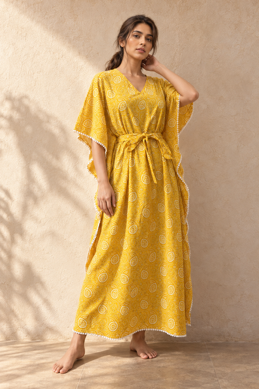 Yellow Ethnic Print Pure Cotton V-Neck Maxi Kaftan Nighty For Women