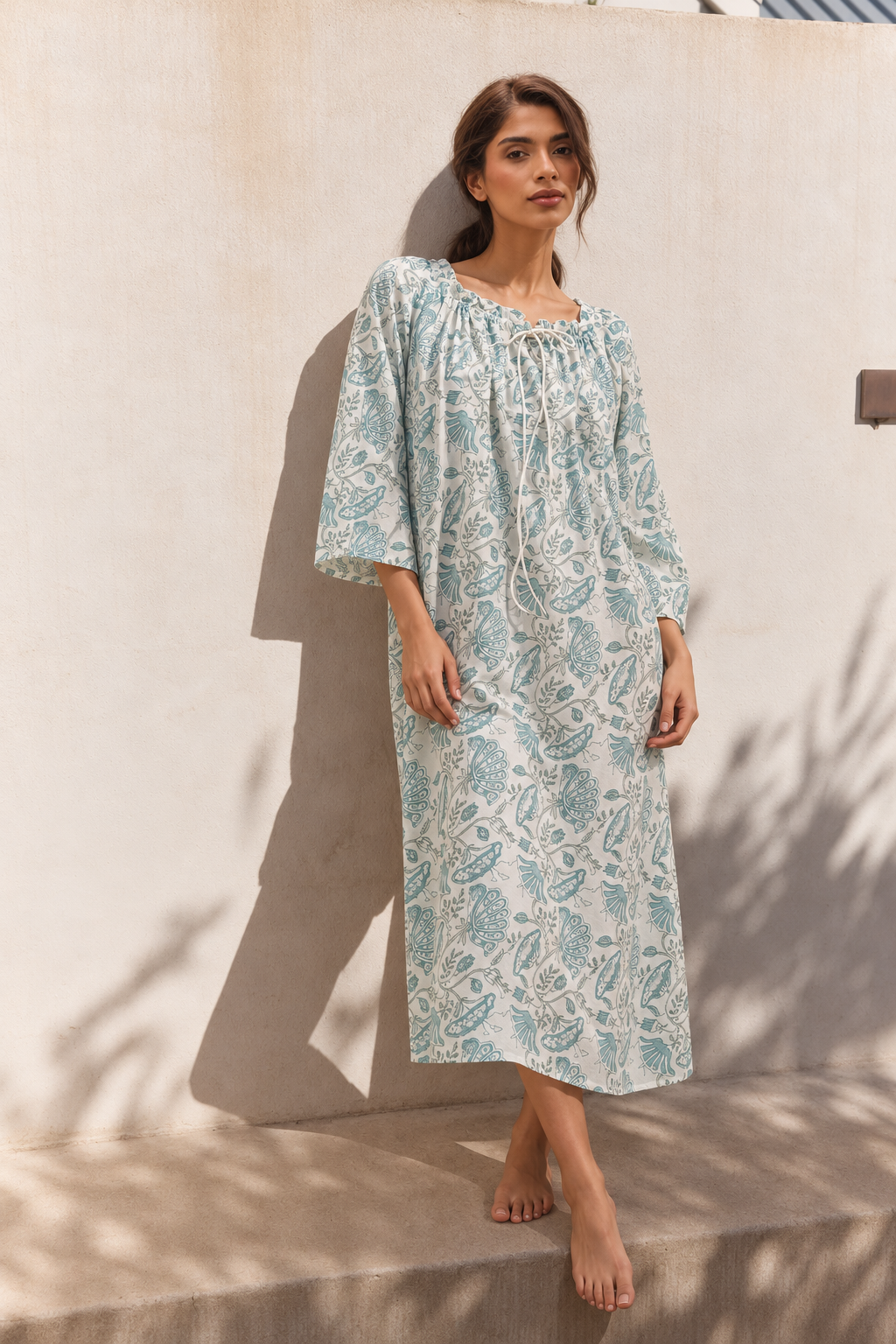 Off White Square Neck Pure Cotton Floral Nighty For Women