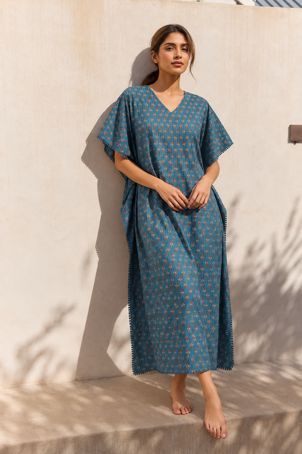 Teal V-Neck Ethnic Motifs Pure Cotton Nighty For Women