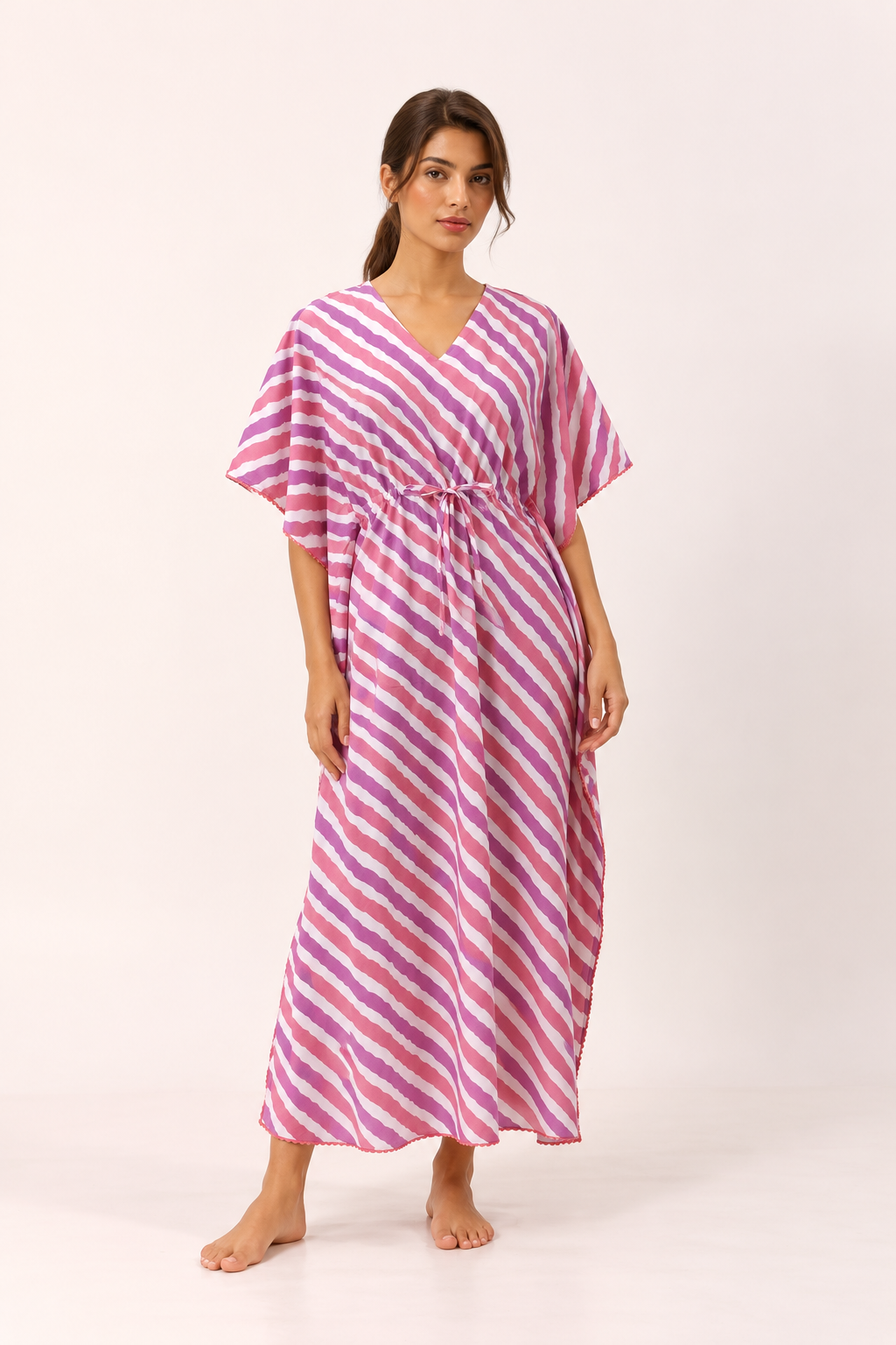 Pink V-Neck Striped Print Pure Cotton Kaftan Nighty For Women