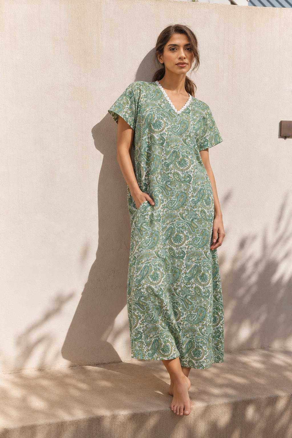 Blue V-Neck Paisley Maxi Length Pure Cotton Nighty For Women