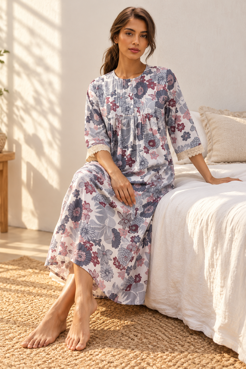 Blue Round Neck Floral Print Pure Cotton Nighty For Women