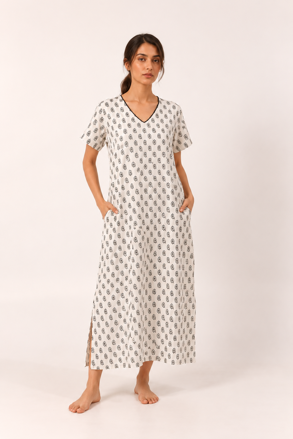 White V-Neck Pure Cotton Ethnic Motifs Pure Cotton Nighty For Women