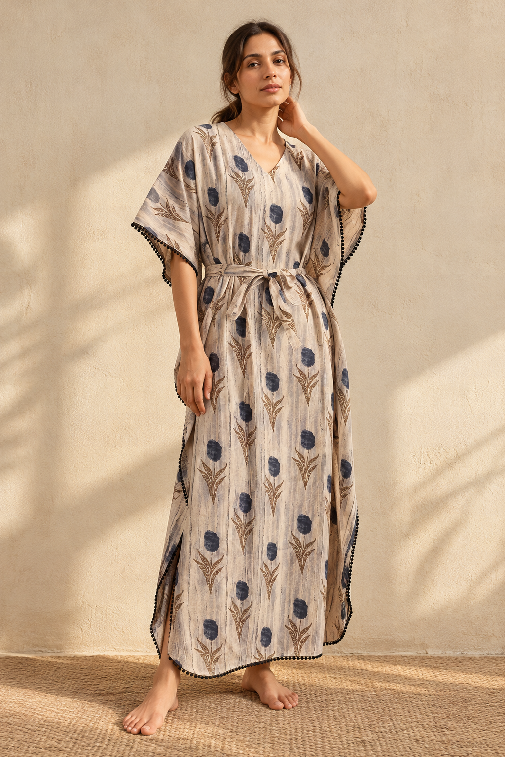 Grey Floral V-Neck Pure Cotton Kaftan Nighty For Women