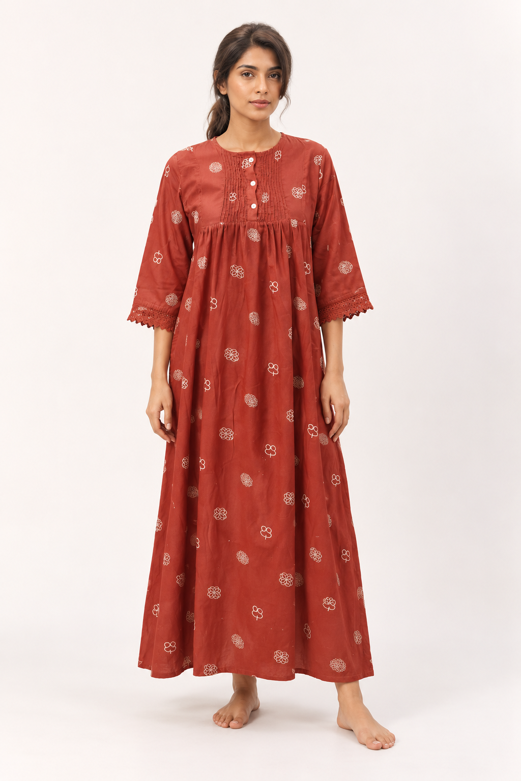 Red Motif Print Pure Cotton Round Neck Maxi Nighty For Women
