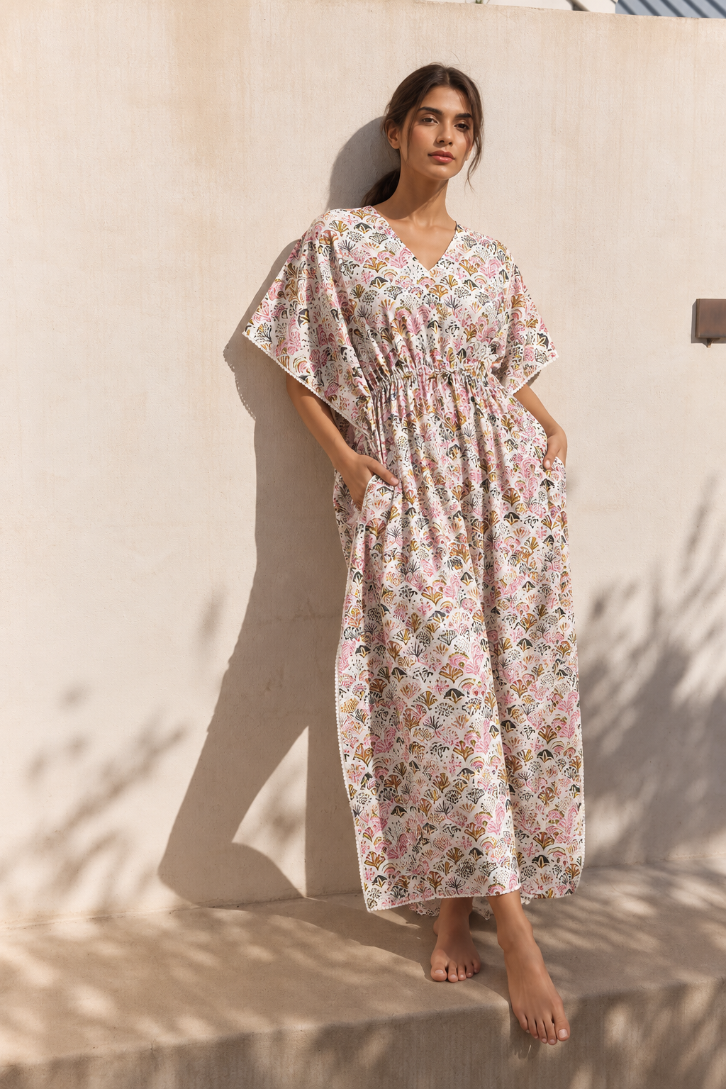 Off White V-Neck Maxi Pure Cotton Ethnic Motifs Nighty For Women