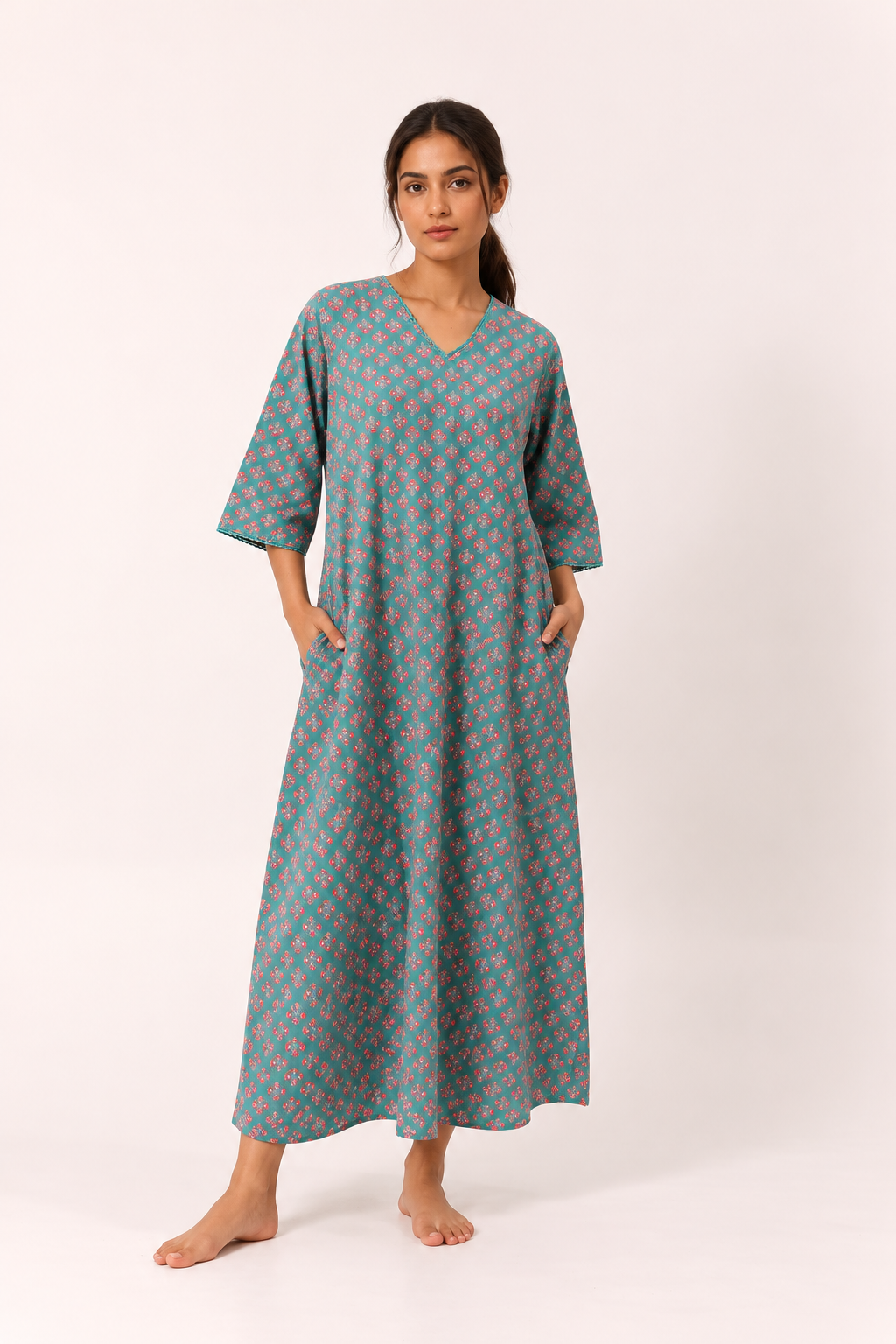 Teal V-Neck Ethnic Motifs Print Pure Cotton Nighty For Women