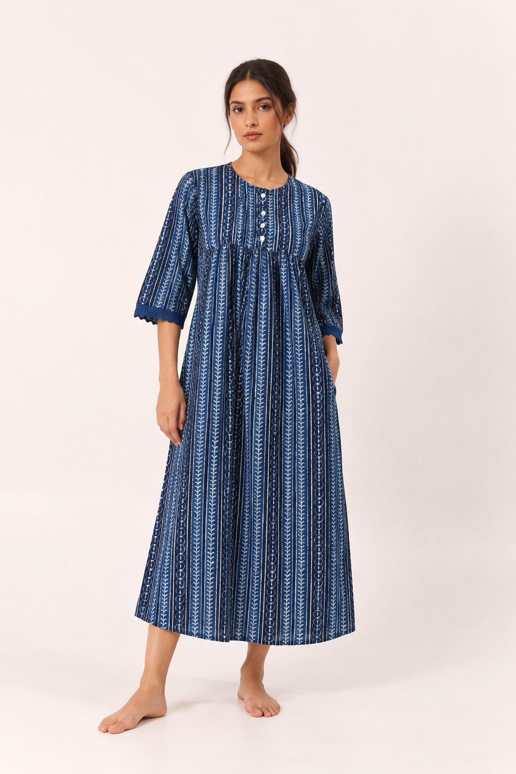 Navy Blue Round Neck Pure Cotton Striped Nighty For Women