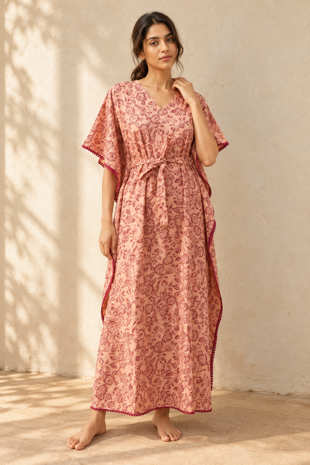 Red Floral Pure Cotton V-Neck Maxi Kaftan Nighty For Women