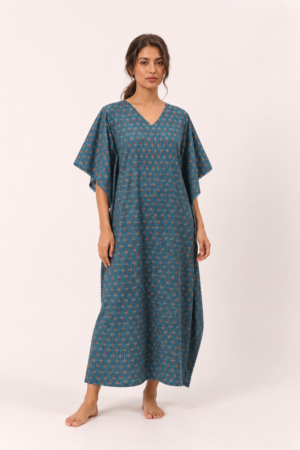 Teal V-Neck Ethnic Motifs Pure Cotton Nighty For Women