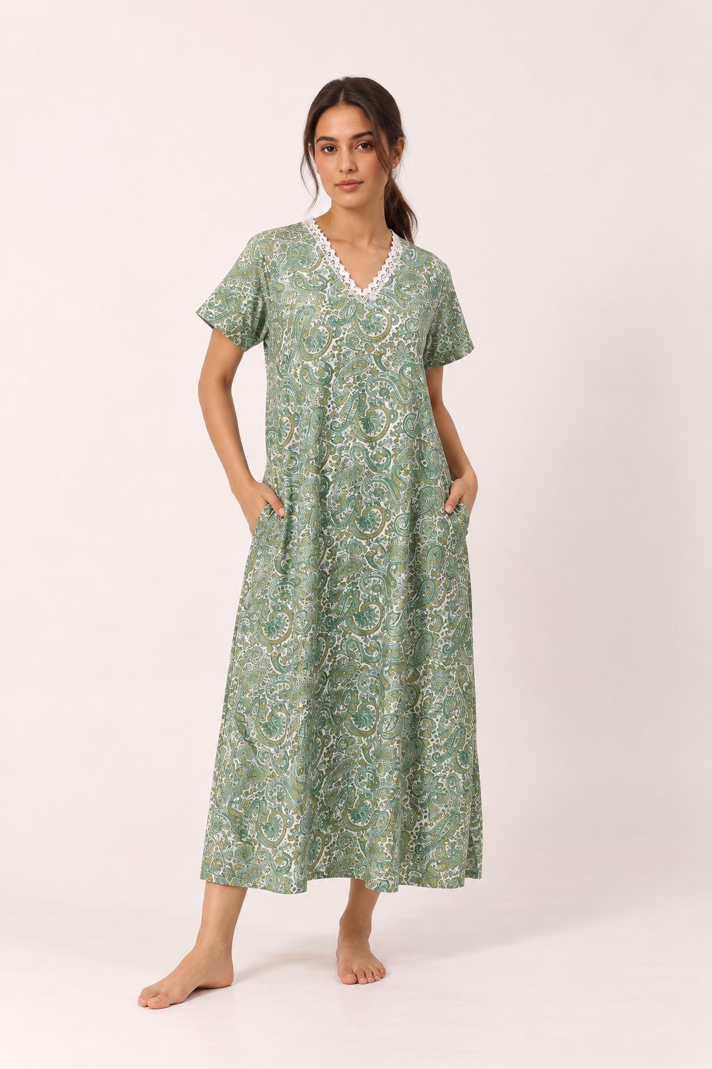 Blue V-Neck Paisley Maxi Length Pure Cotton Nighty For Women