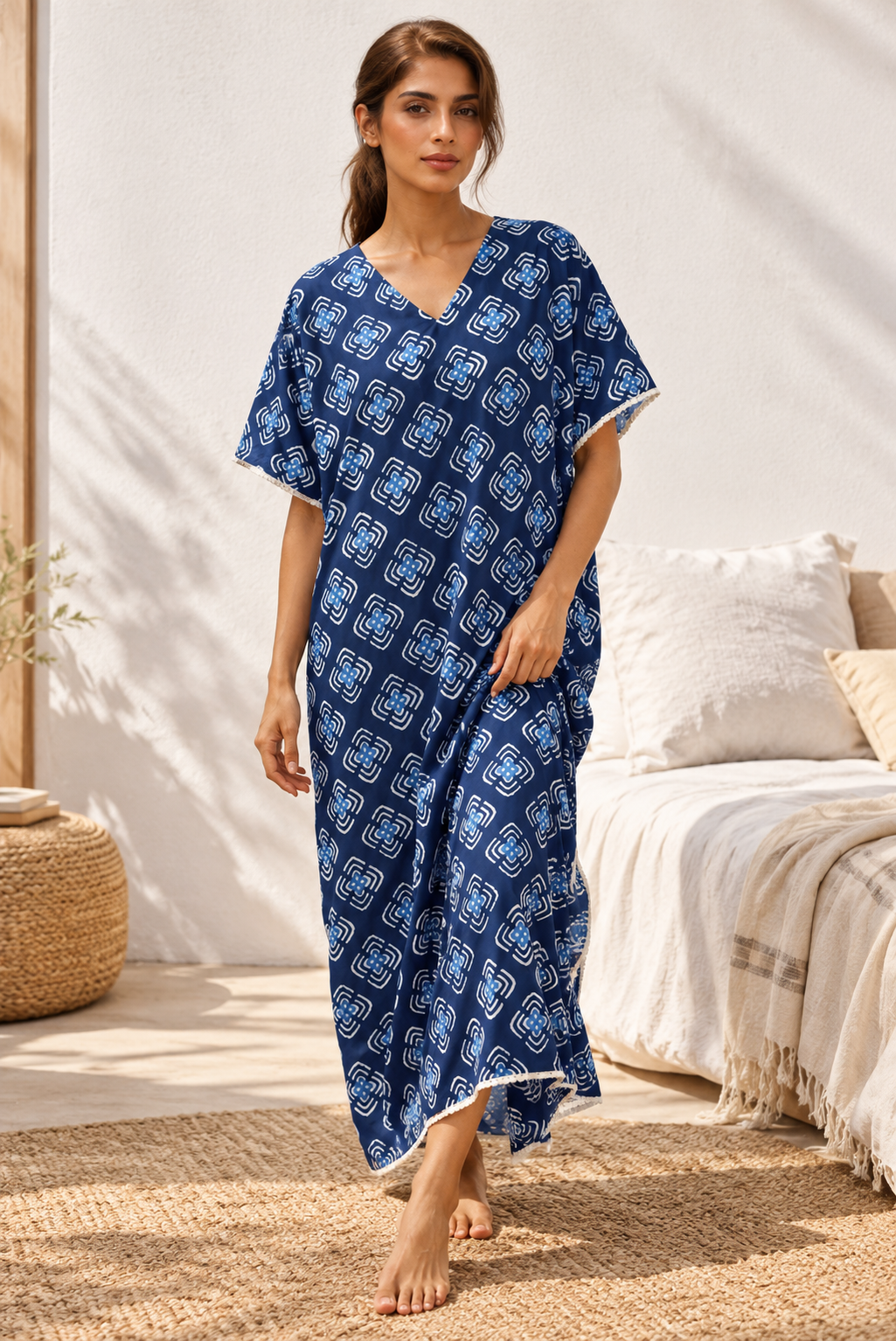 Navy Blue V-Neck Geometric Maxi Pure Cotton Nighty For Women