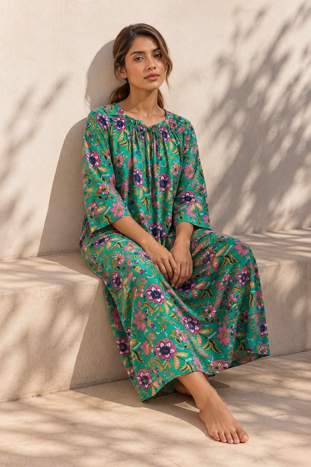 Green Floral print Square Neck Maxi Pure Cotton Nighty For Women