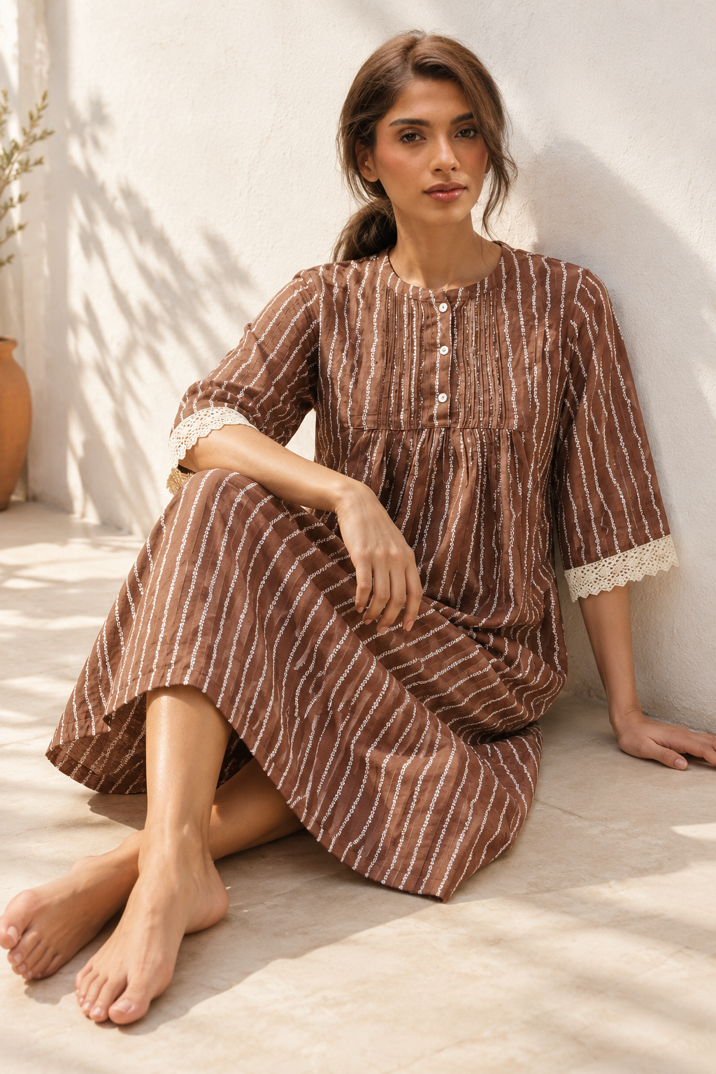 Brown Round Neck Stripes Print Pure Cotton Nighty For Women