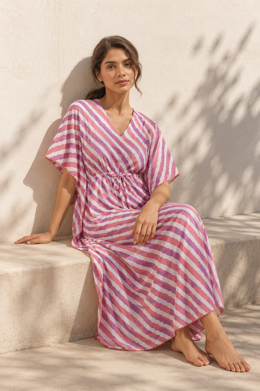 Pink V-Neck Striped Print Pure Cotton Kaftan Nighty For Women