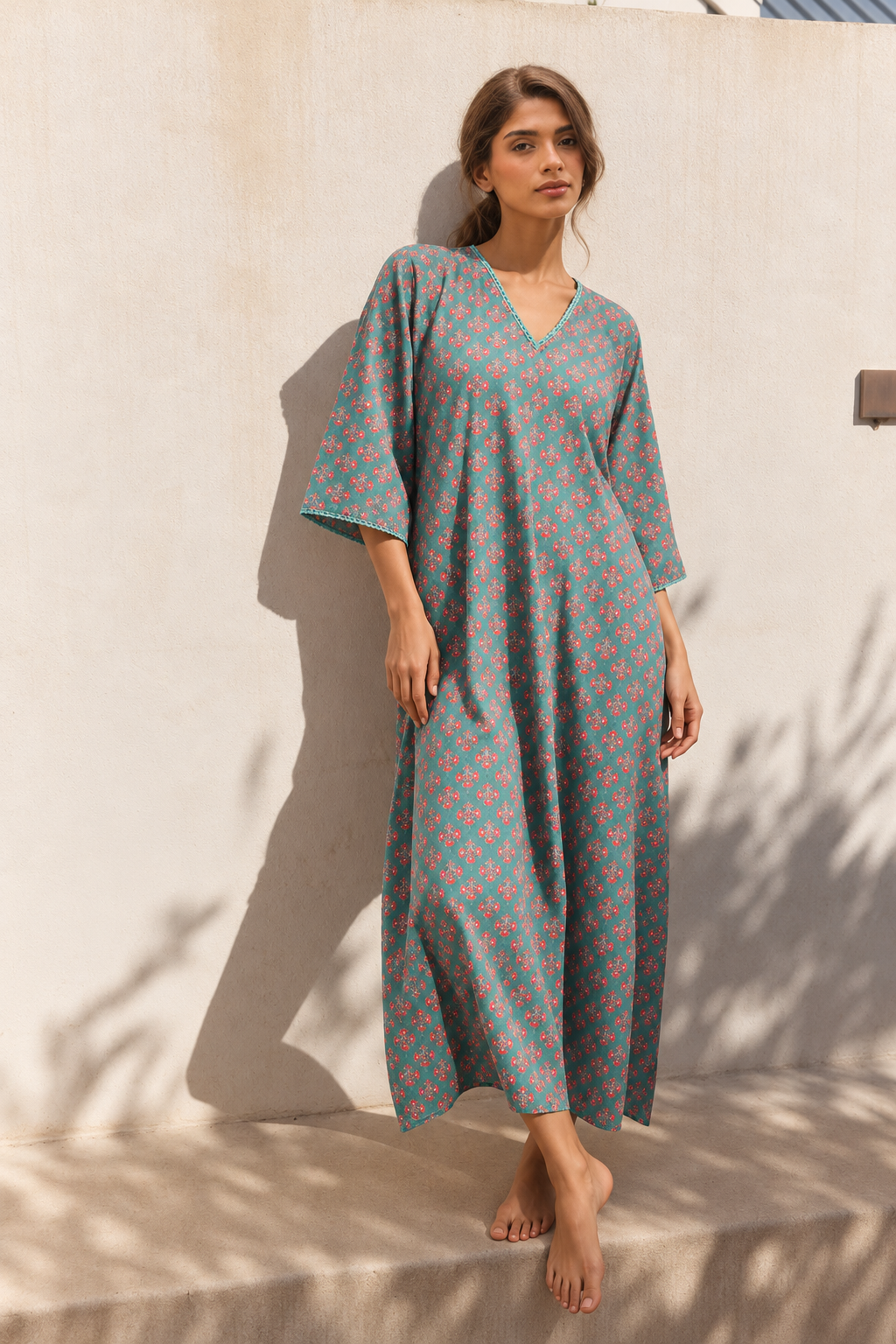 Teal V-Neck Ethnic Motifs Print Pure Cotton Nighty For Women