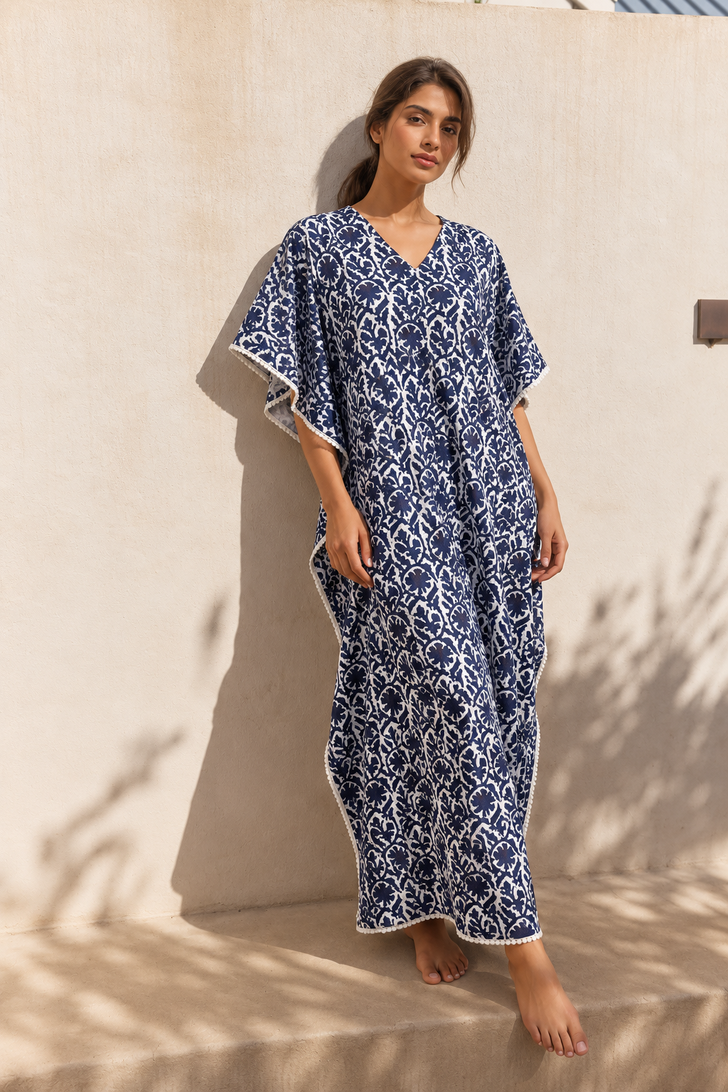 Navy Blue V-Neck Maxi Pure Cotton Floral Nighty For Women